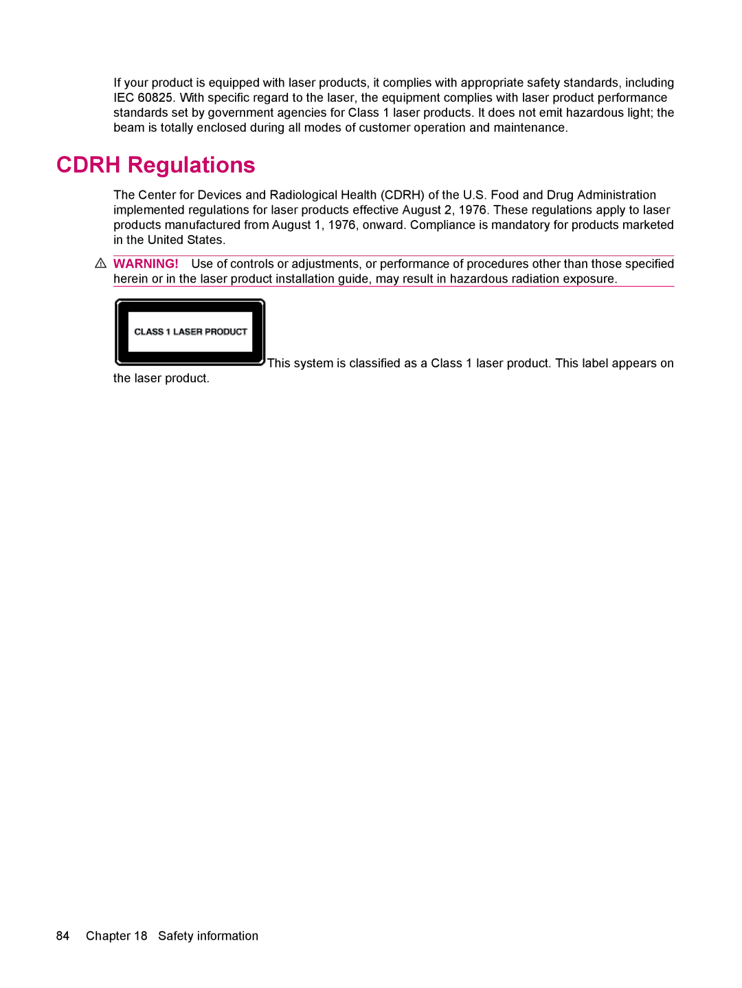 HP 200 manual Cdrh Regulations 