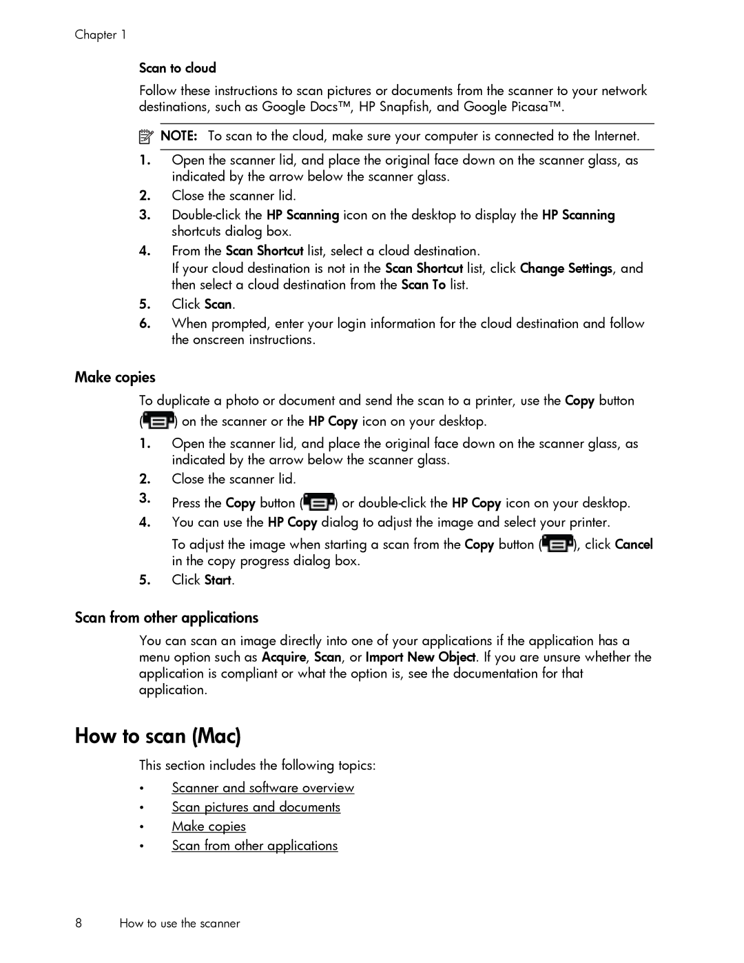 HP 200 manual How to scan Mac, Make copies, Scan from other applications 