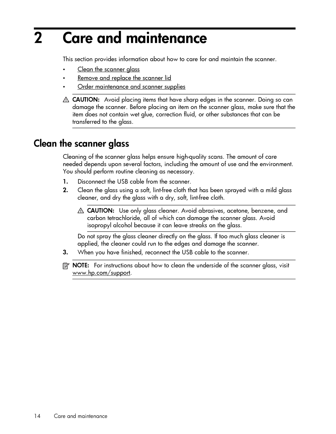 HP 200 manual Care and maintenance, Clean the scanner glass 