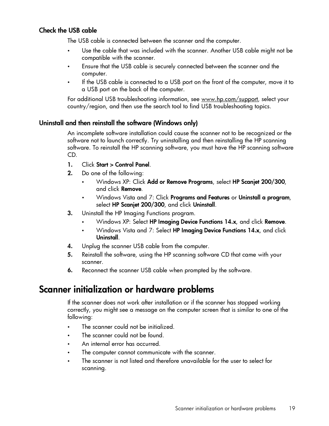 HP 200 manual Scanner initialization or hardware problems, Check the USB cable 