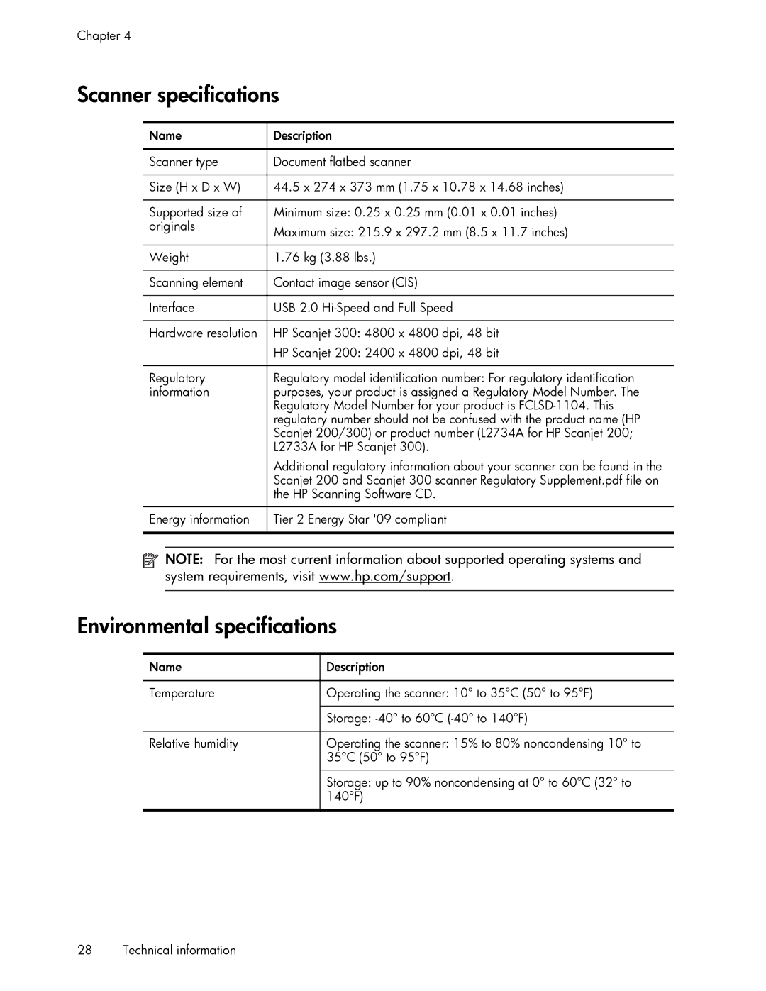 HP 200 manual Scanner specifications, Environmental specifications 