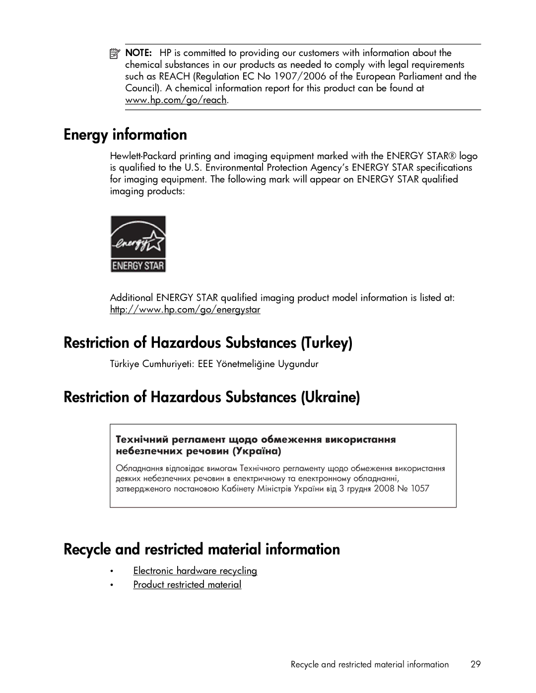 HP 200 manual Energy information, Restriction of Hazardous Substances Turkey, Restriction of Hazardous Substances Ukraine 