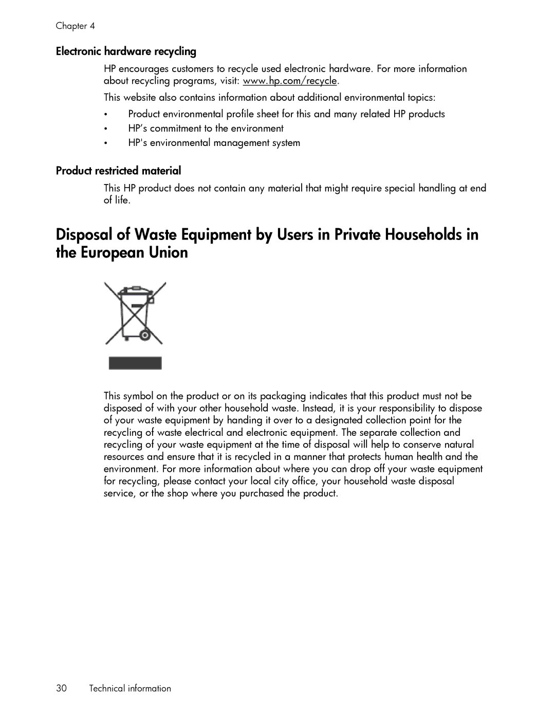 HP 200 manual Electronic hardware recycling, Product restricted material 