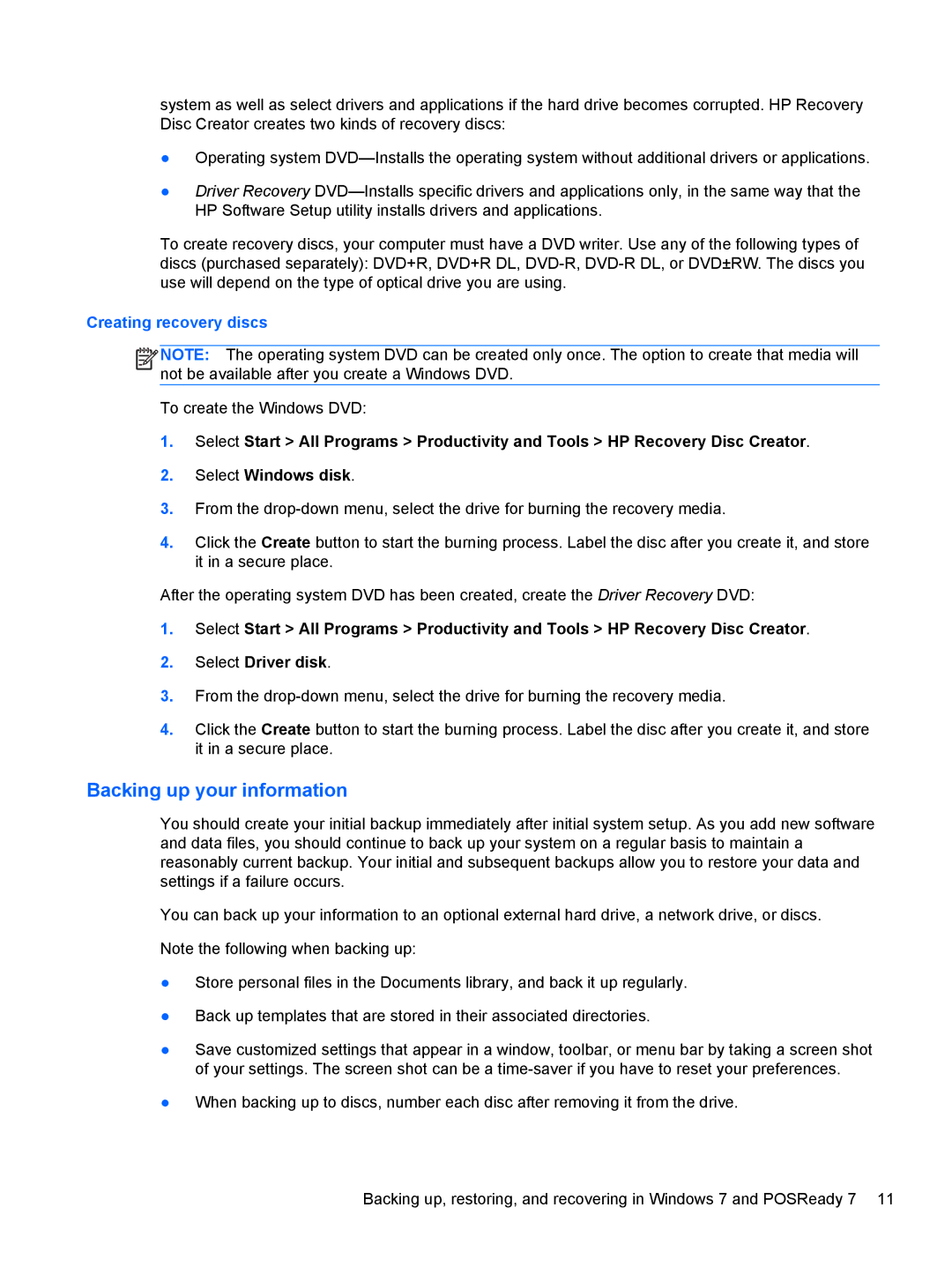HP 2000 Base Model manual Backing up your information, Creating recovery discs 
