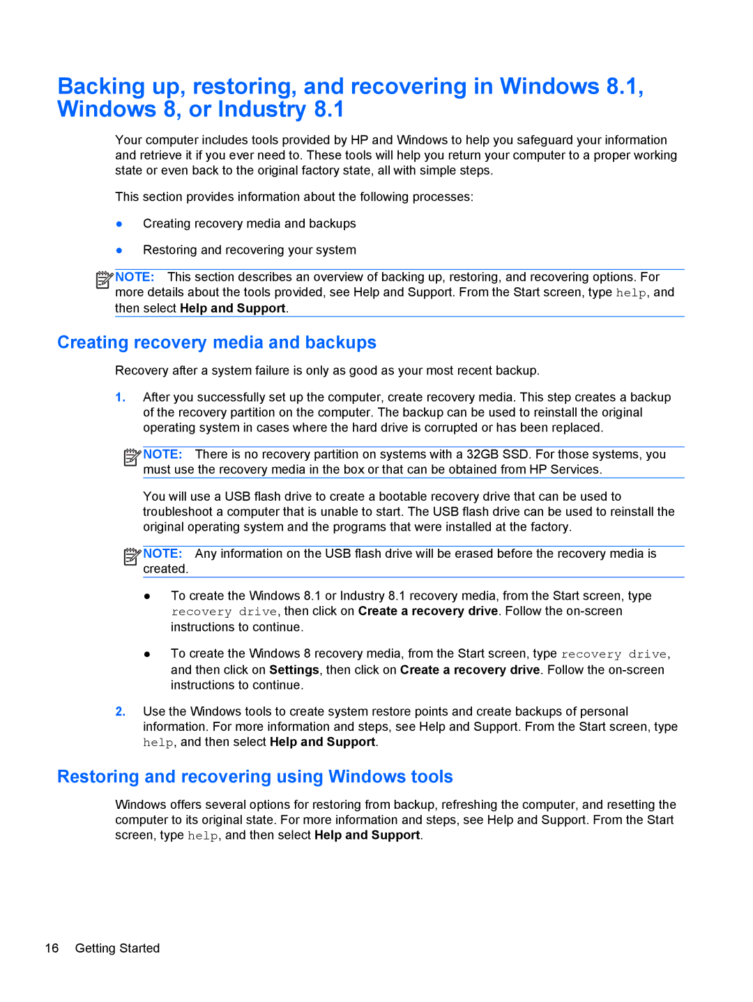 HP 2000 Base Model manual Creating recovery media and backups, Restoring and recovering using Windows tools 