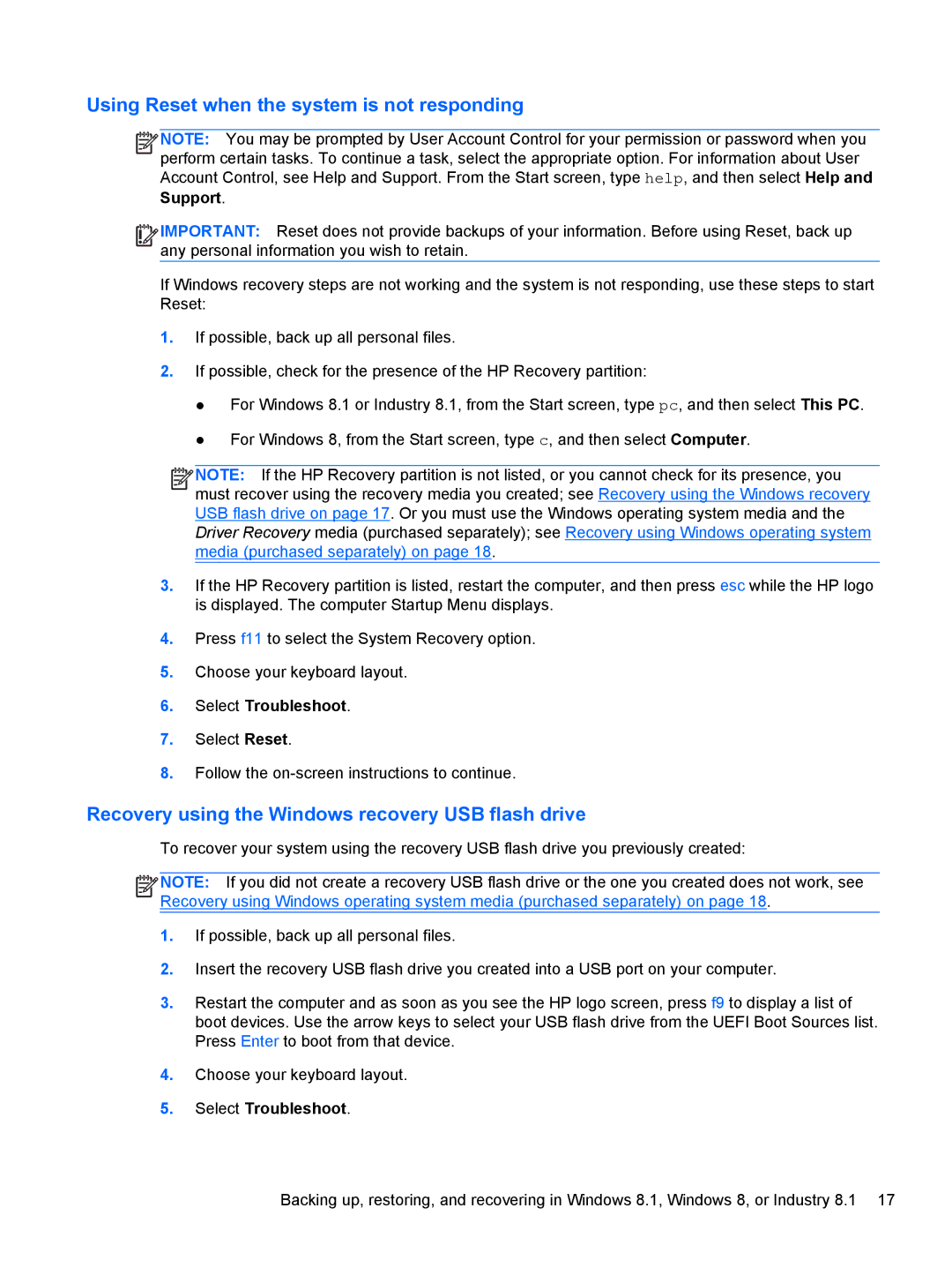 HP 2000 manual Using Reset when the system is not responding, Recovery using the Windows recovery USB flash drive, Support 