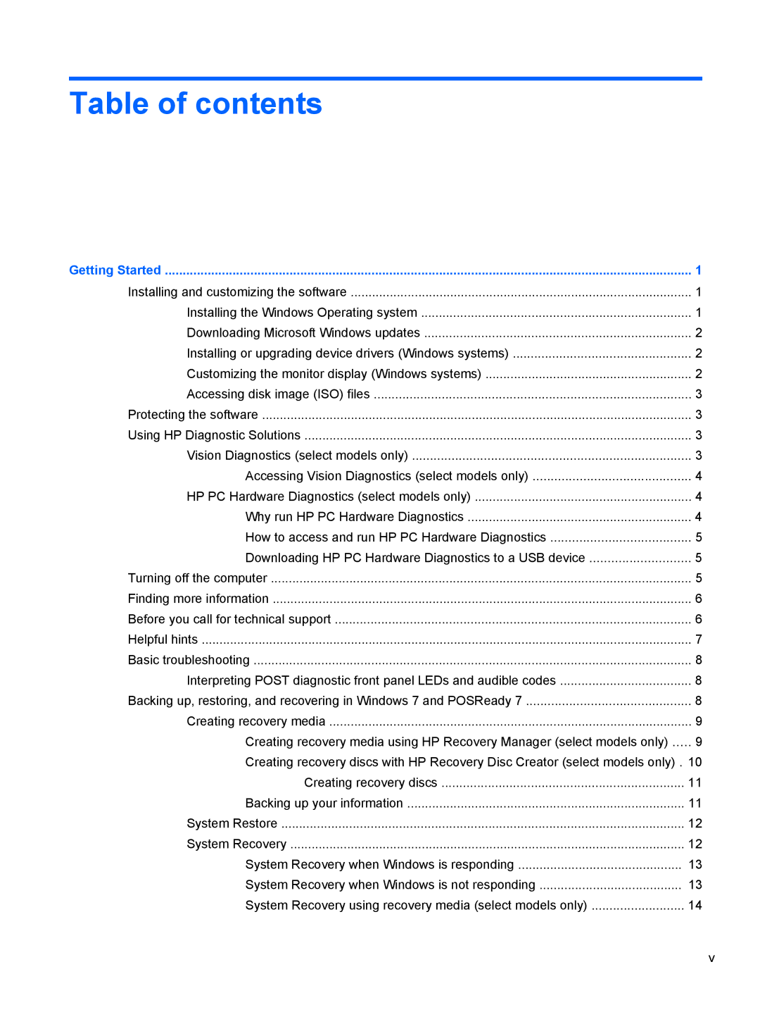 HP 2000 Base Model manual Table of contents 