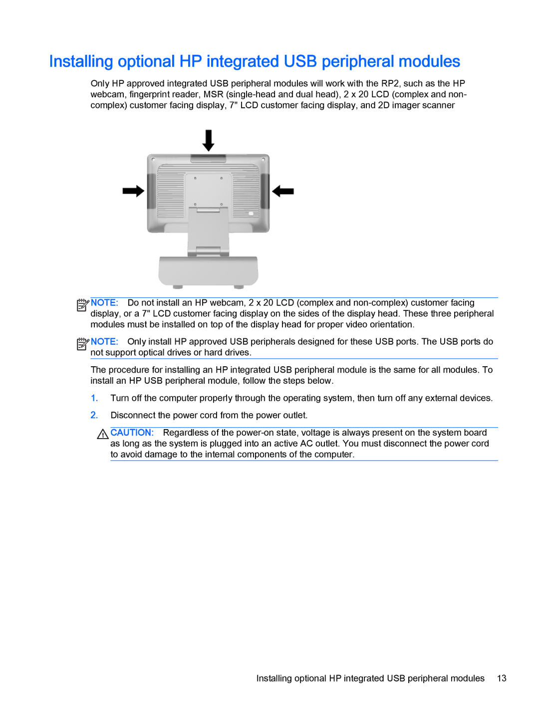 HP 2000 Base Model manual Installing optional HP integrated USB peripheral modules 