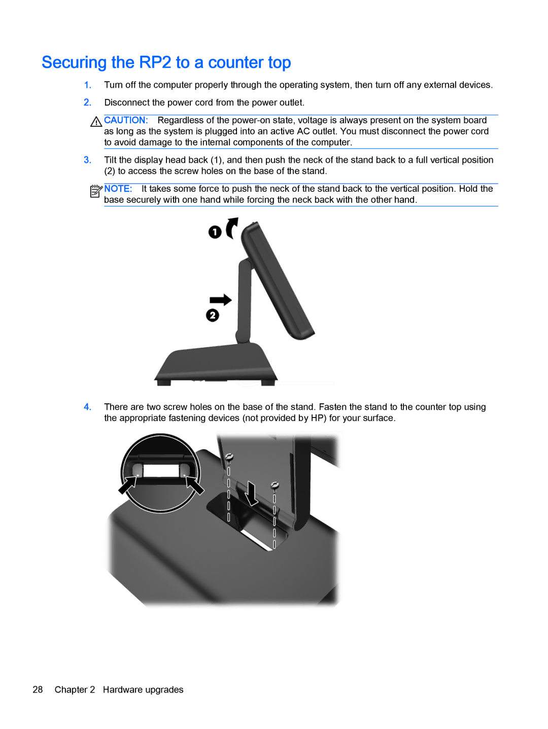 HP 2000 Base Model manual Securing the RP2 to a counter top 