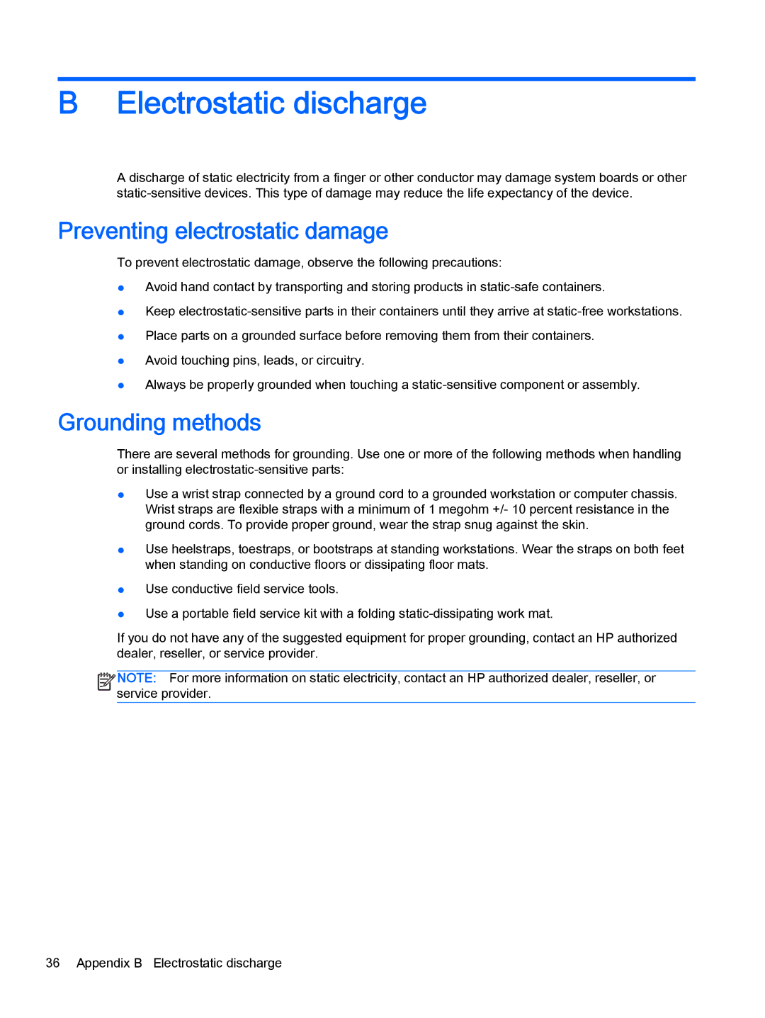 HP 2000 Base Model manual Electrostatic discharge, Preventing electrostatic damage, Grounding methods 