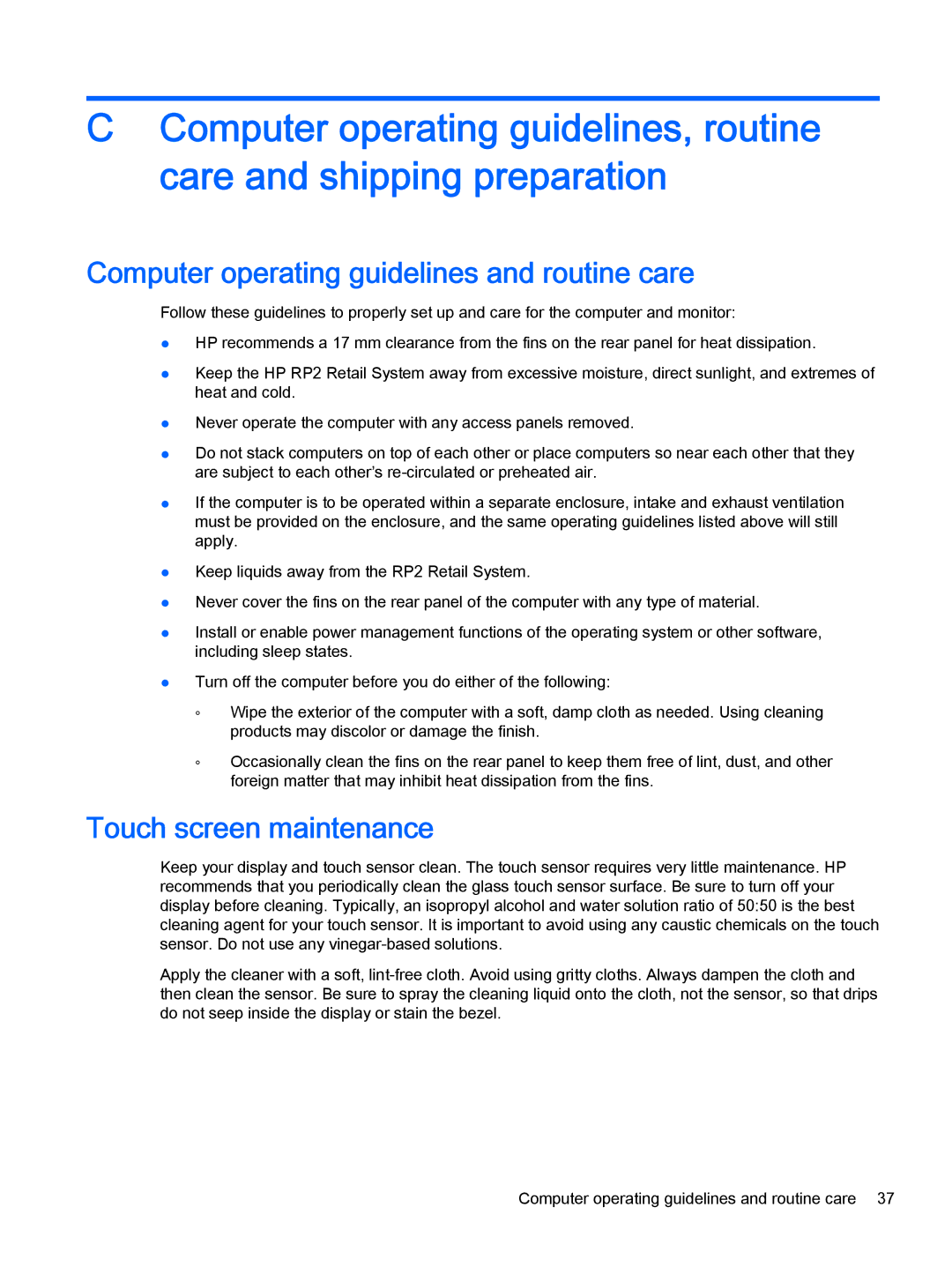 HP 2000 Base Model manual Computer operating guidelines and routine care, Touch screen maintenance 