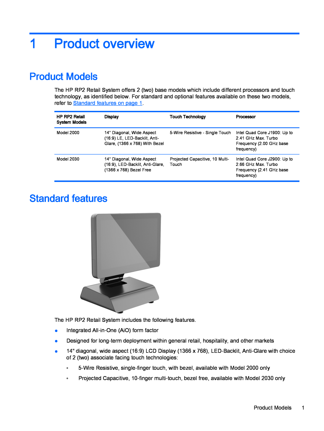 HP 2000 Base Model manual Product overview, Product Models, Standard features 