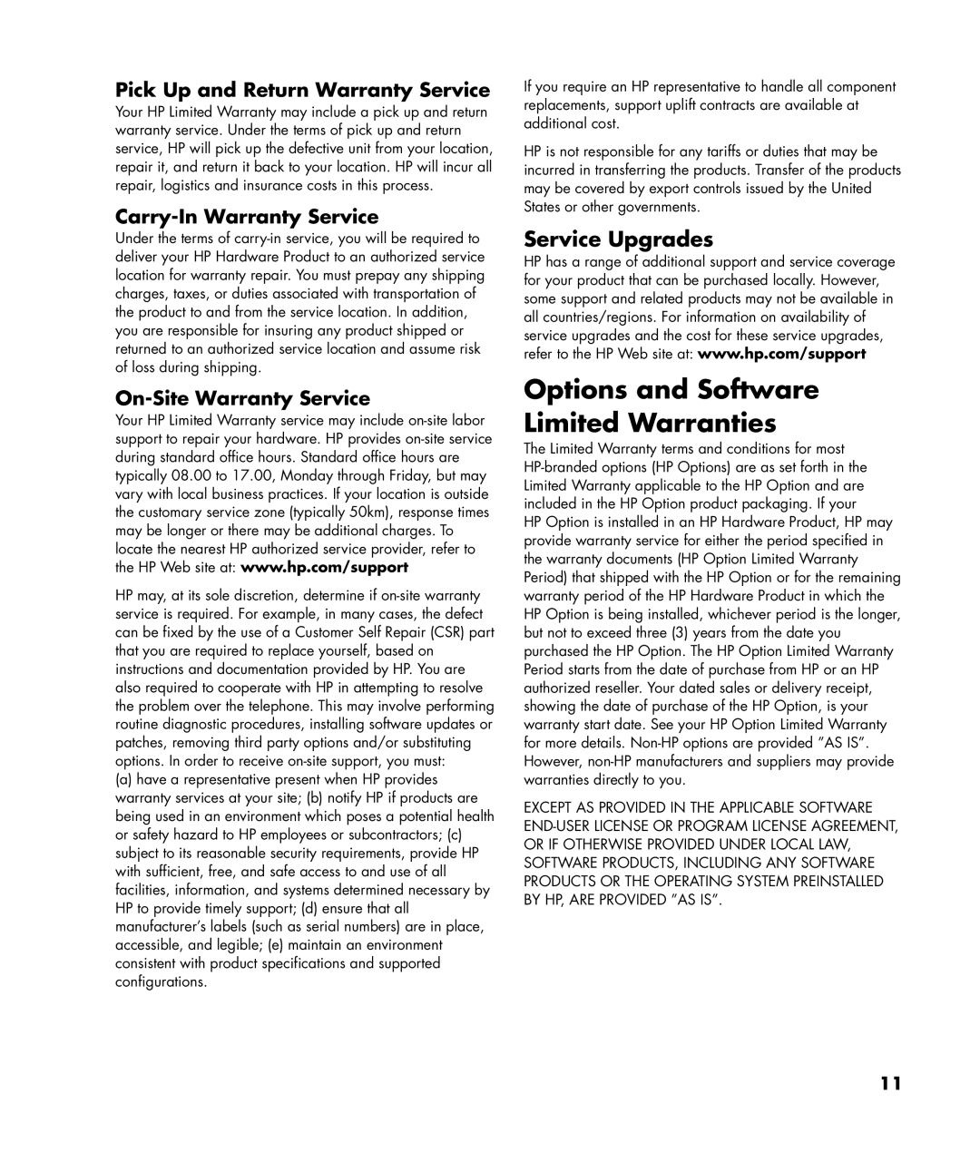 HP 2000495 manual Options and Software Limited Warranties, Service Upgrades 