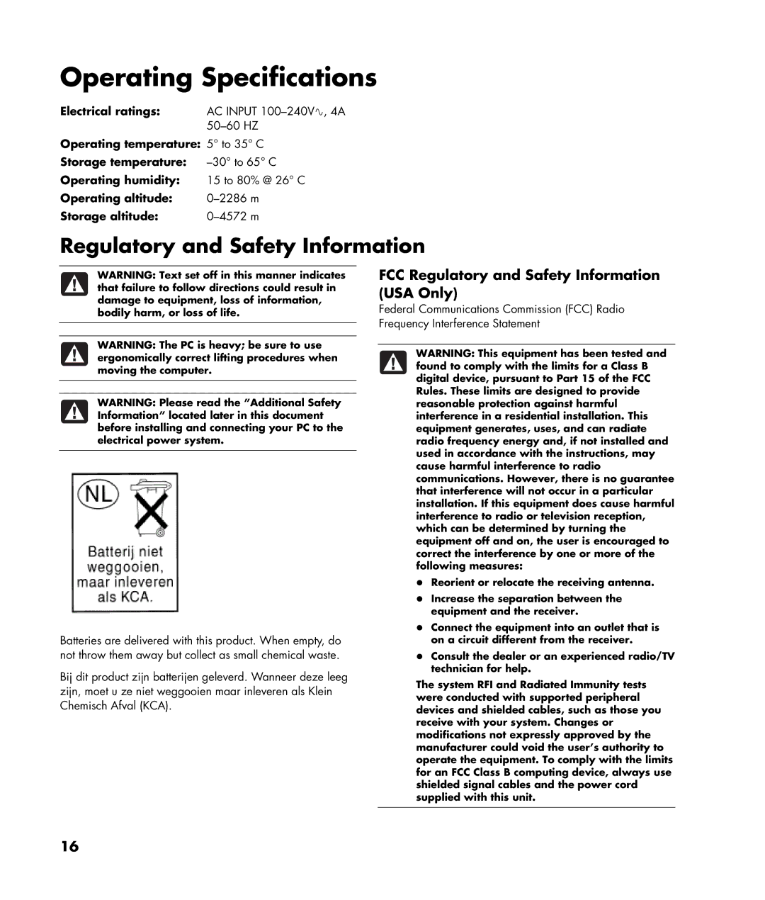 HP 2000495 manual Operating Specifications, Regulatory and Safety Information 