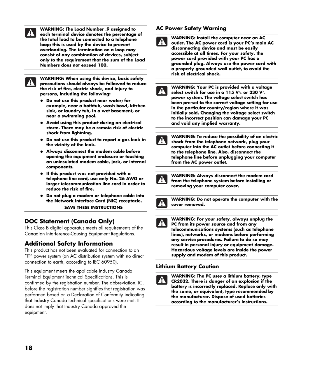 HP 2000495 manual DOC Statement Canada Only, AC Power Safety Warning Lithium Battery Caution 