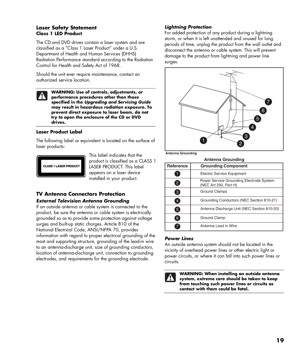 HP 2000495 manual Laser Safety Statement, TV Antenna Connectors Protection 