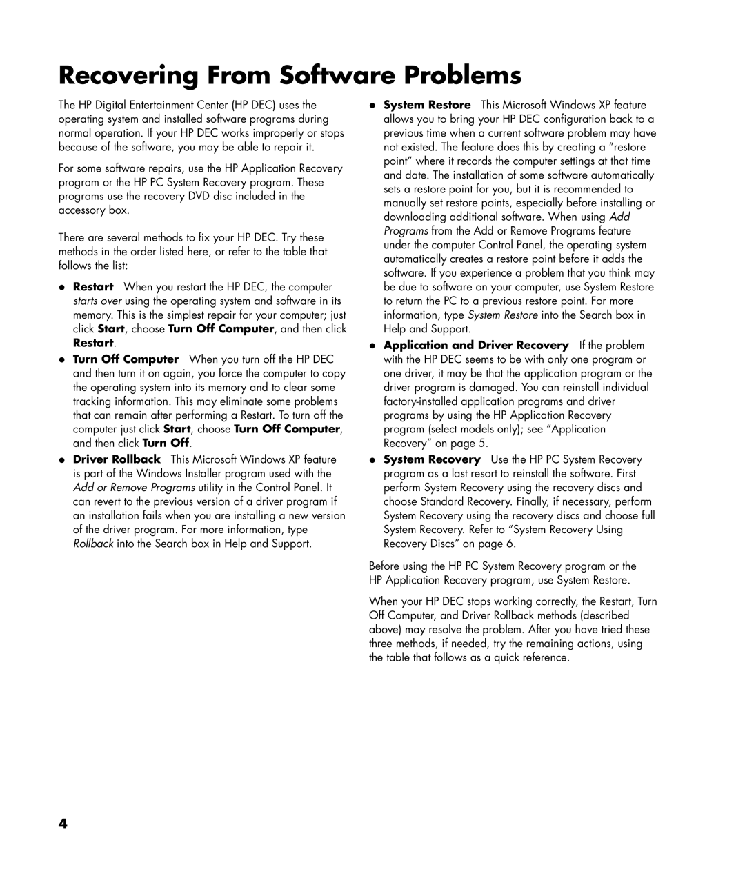 HP 2000495 manual Recovering From Software Problems 