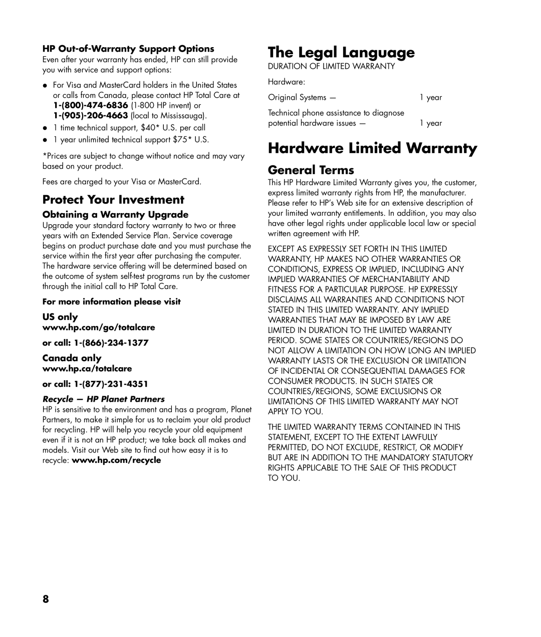 HP 2000495 manual Legal Language, Hardware Limited Warranty, Protect Your Investment, General Terms 