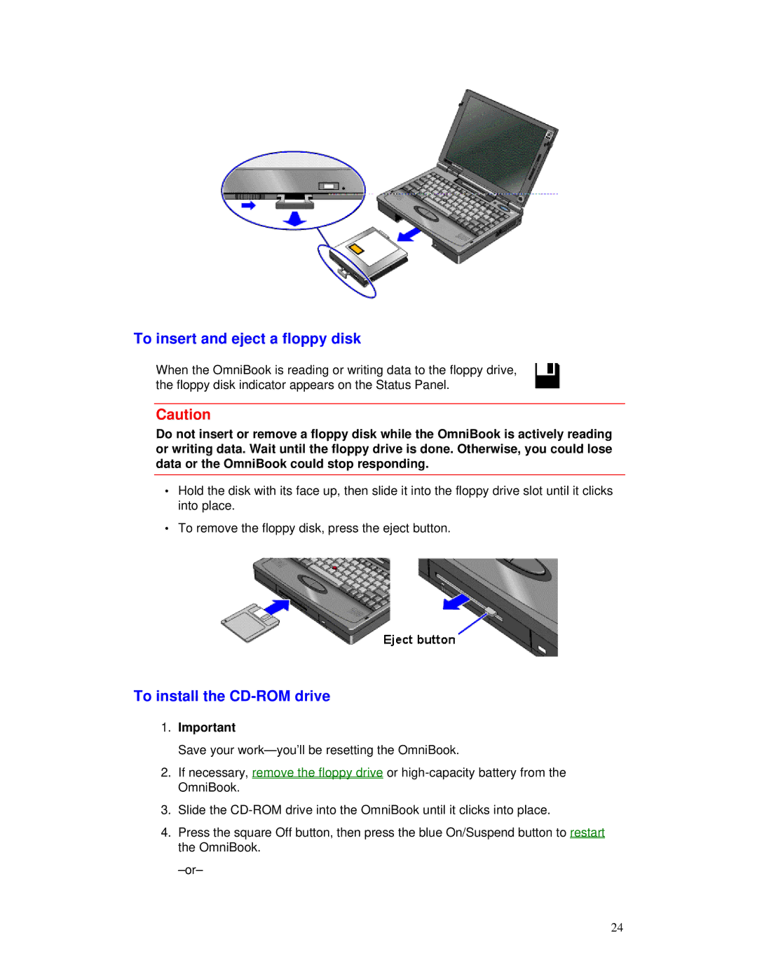 HP 2000/5700 manual To insert and eject a floppy disk, To install the CD-ROM drive 