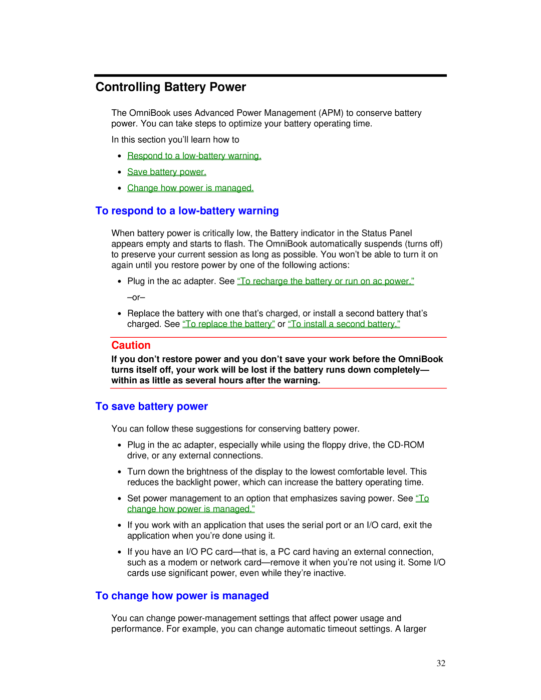 HP 2000/5700 manual Controlling Battery Power, To respond to a low-battery warning, To save battery power 