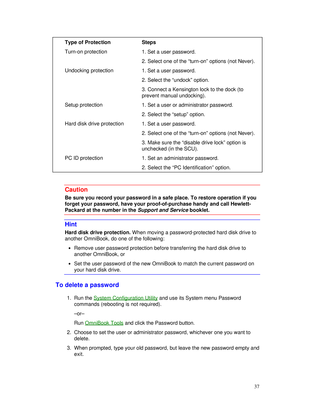 HP 2000/5700 manual To delete a password, Type of Protection Steps 