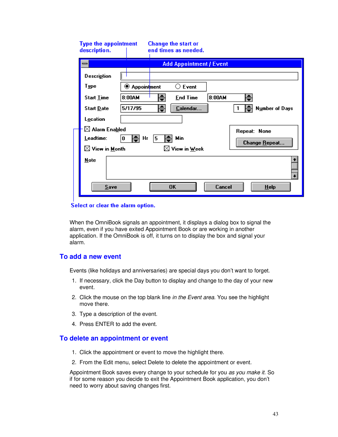 HP 2000/5700 manual To add a new event, To delete an appointment or event 