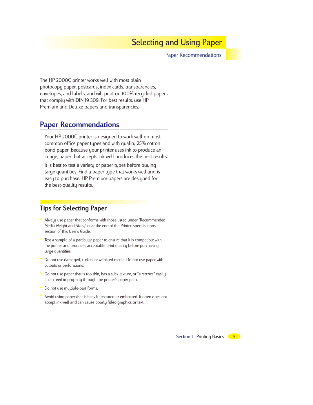 HP 2000C manual Selecting and Using Paper, Paper Recommendations 