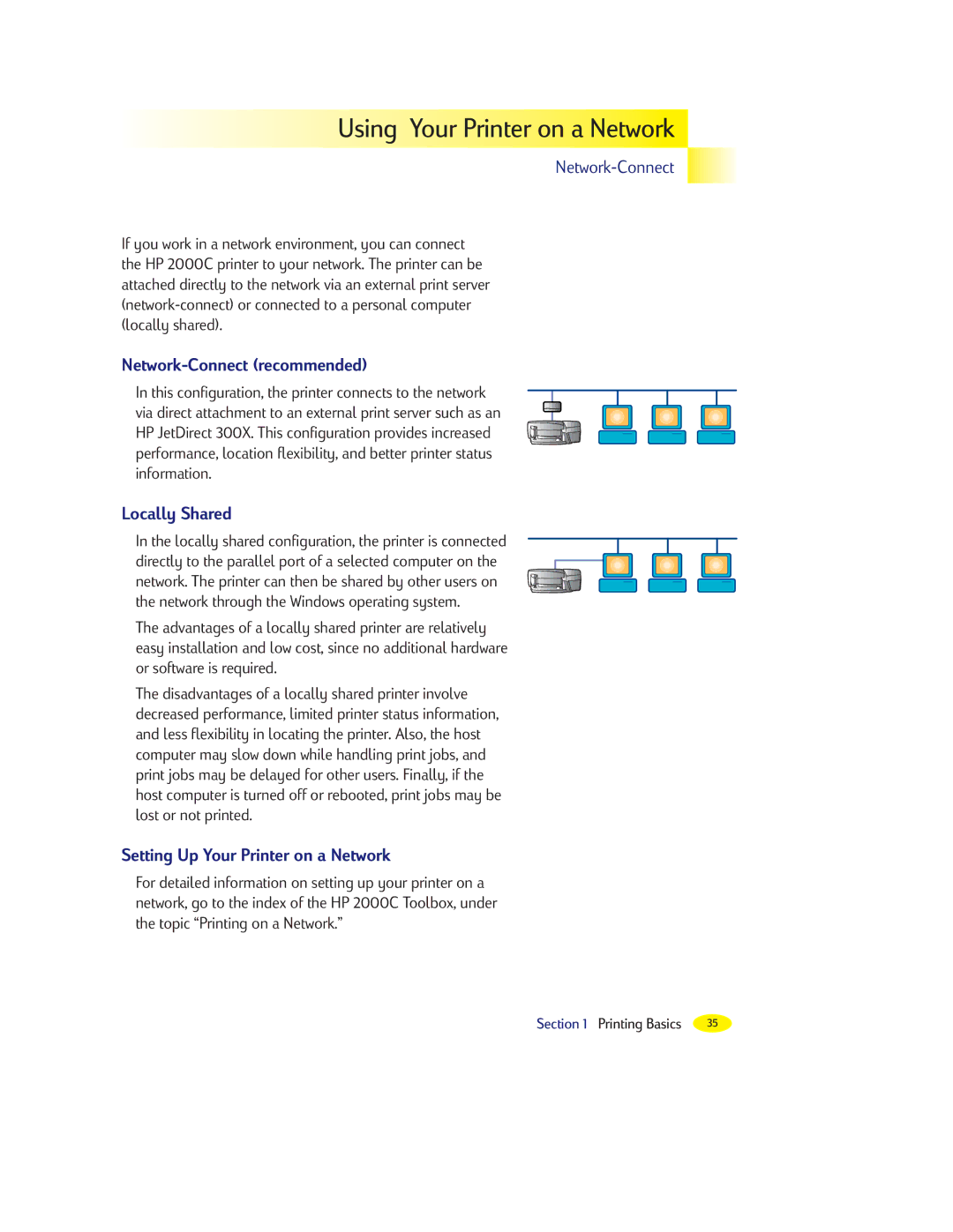 HP 2000C manual Using Your Printer on a Network, Network-Connect recommended, Locally Shared 