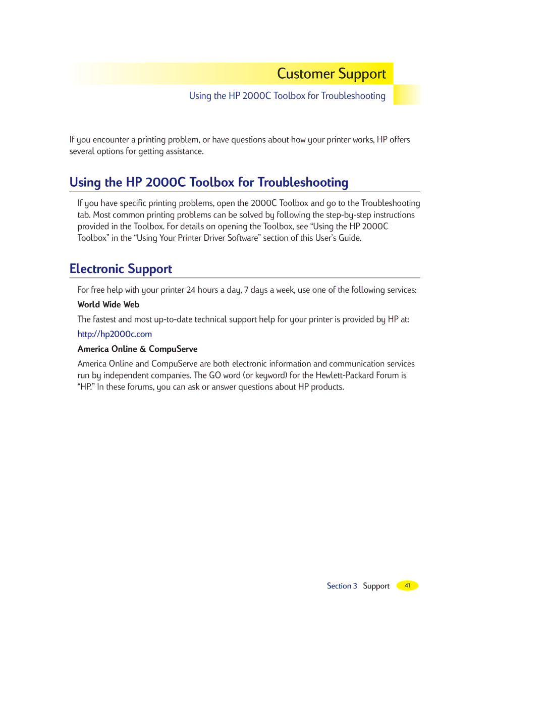 HP manual Customer Support, Using the HP 2000C Toolbox for Troubleshooting, Electronic Support, World Wide Web 