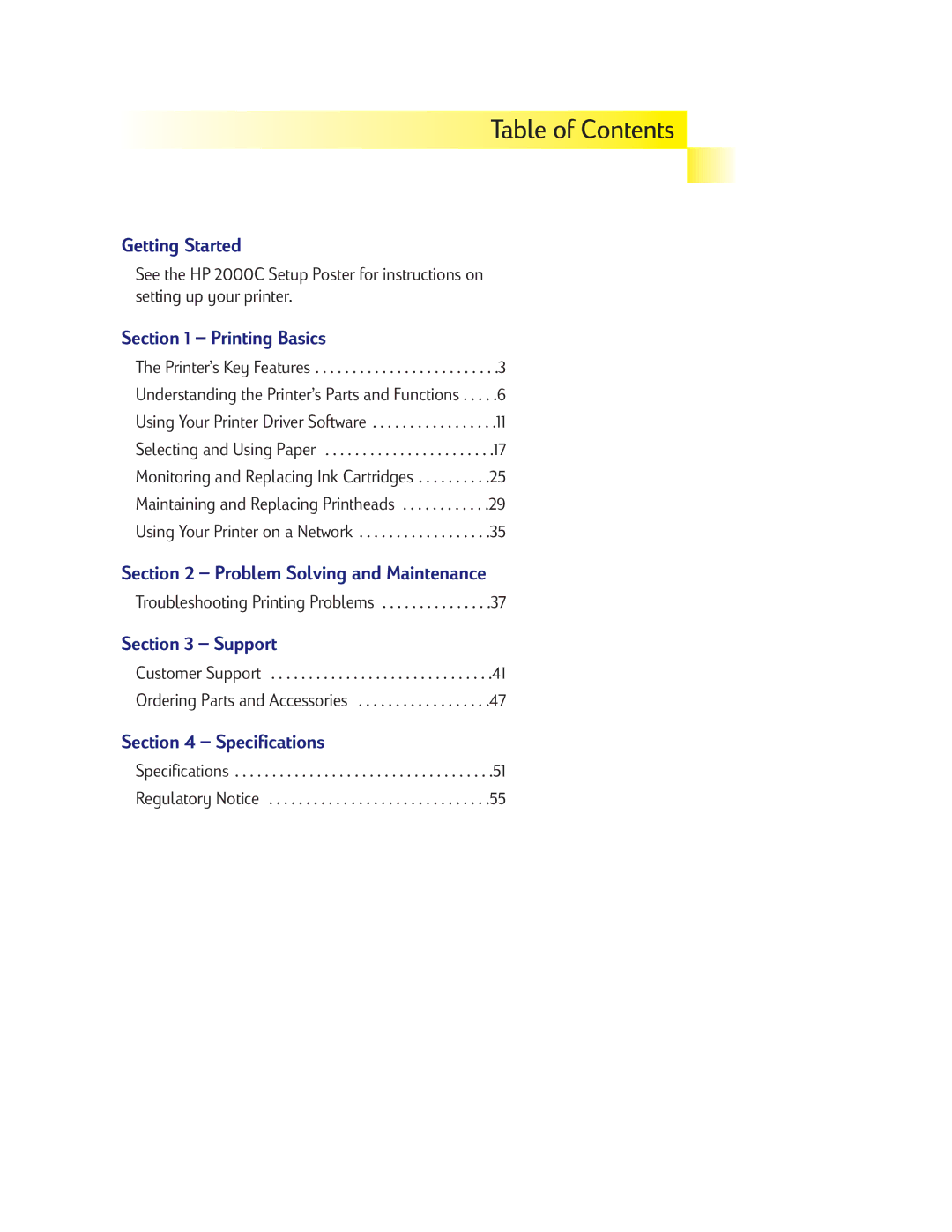 HP 2000C manual Table of Contents 