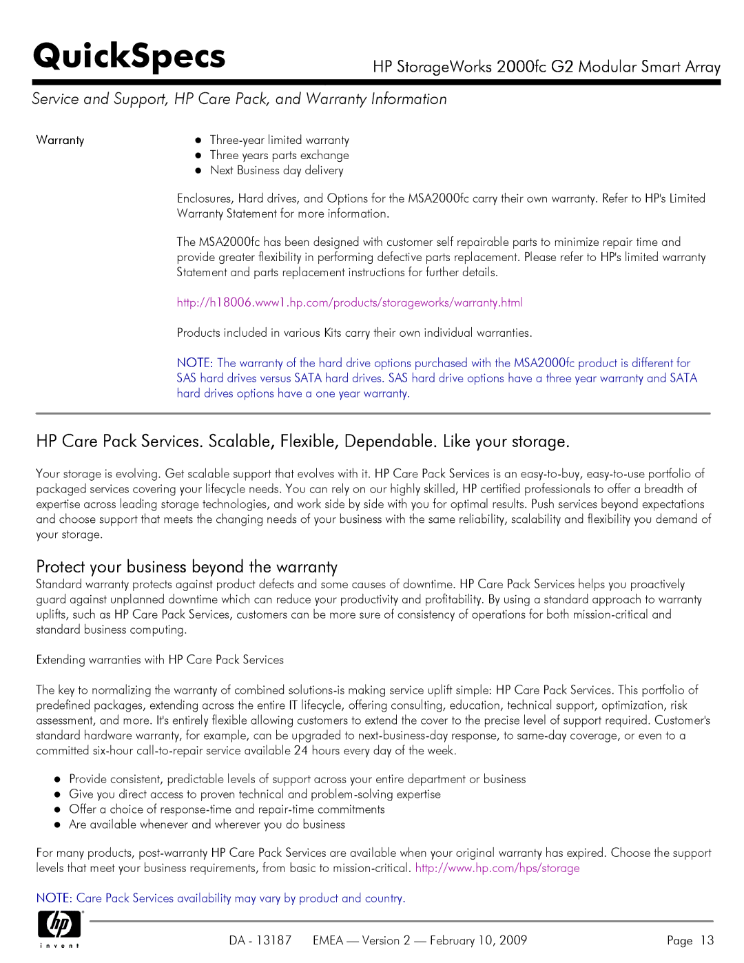 HP 2000fc manual Protect your business beyond the warranty, Service and Support, HP Care Pack, and Warranty Information 