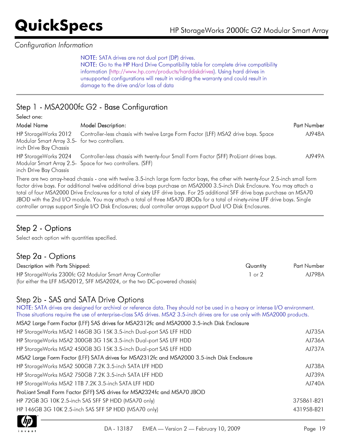 HP manual MSA2000fc G2 Base Configuration, SAS and Sata Drive Options 