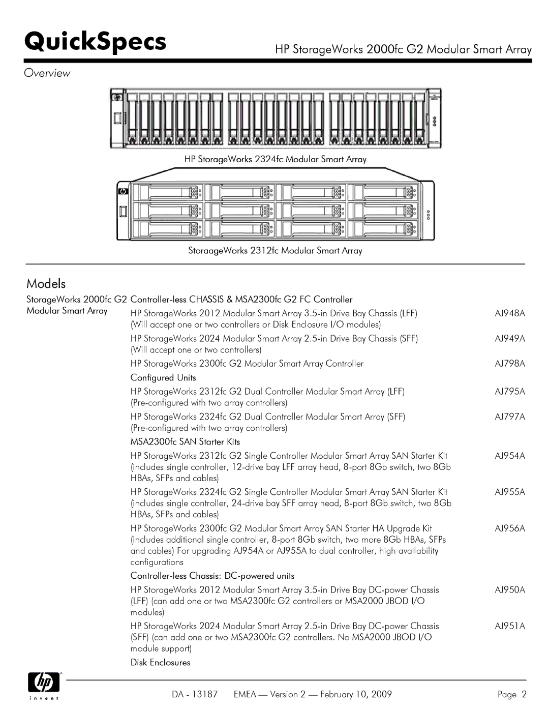 HP 2000fc Models, Configured Units, MSA2300fc SAN Starter Kits, Controller-less Chassis DC-powered units, Disk Enclosures 