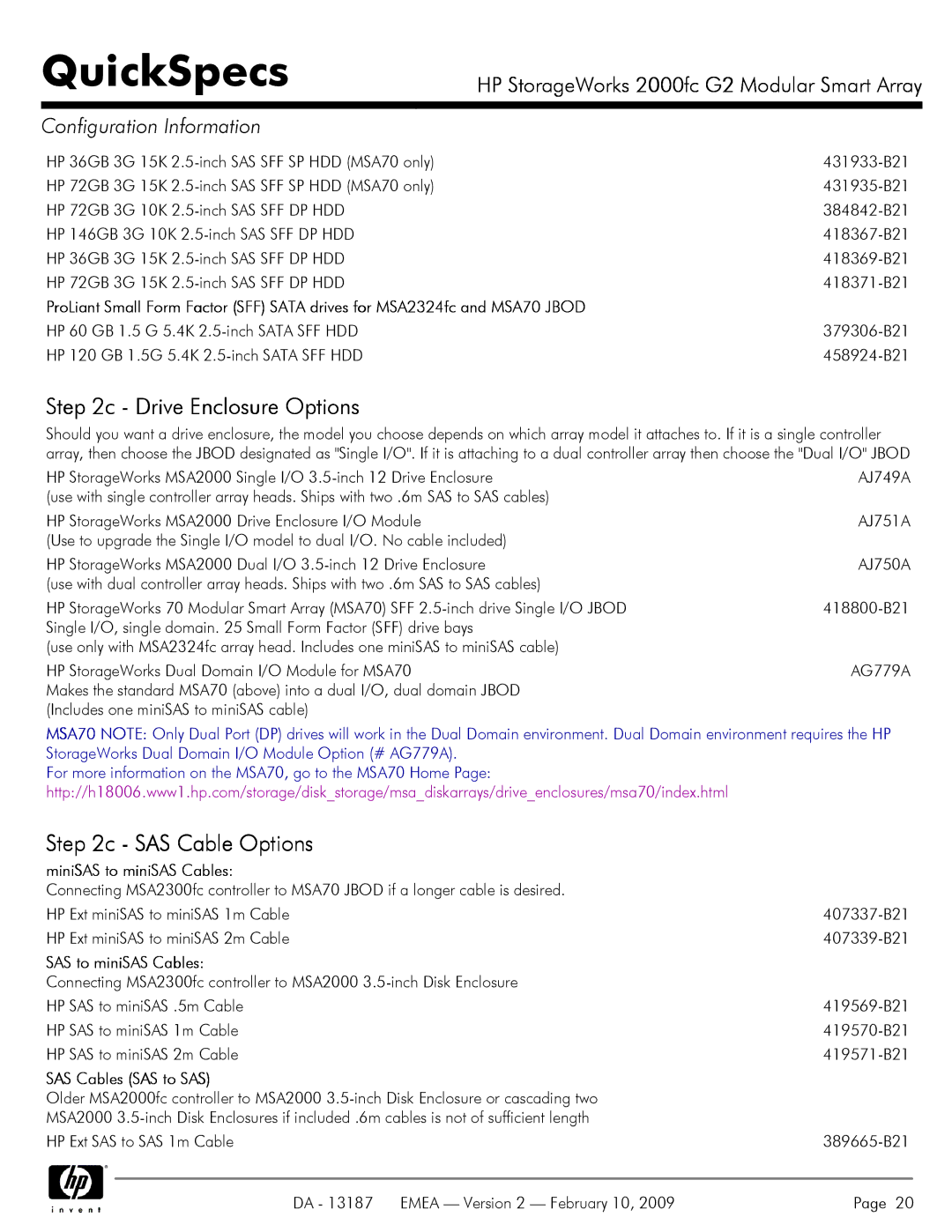 HP 2000fc manual Drive Enclosure Options, SAS Cable Options, MiniSAS to miniSAS Cables, SAS Cables SAS to SAS 