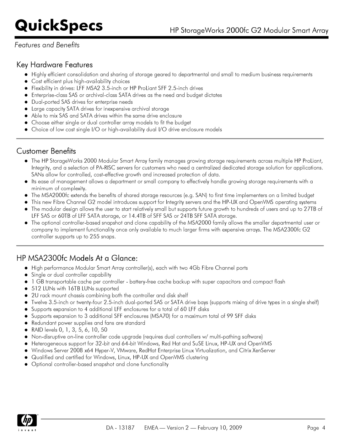 HP 2000fc manual Key Hardware Features, Customer Benefits, HP MSA2300fc Models At a Glance, Features and Benefits 