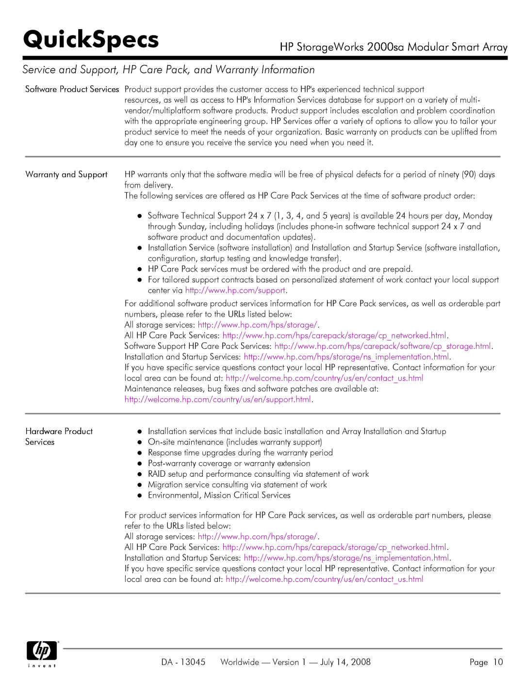 HP 2000sa manual Hardware Product, Services 