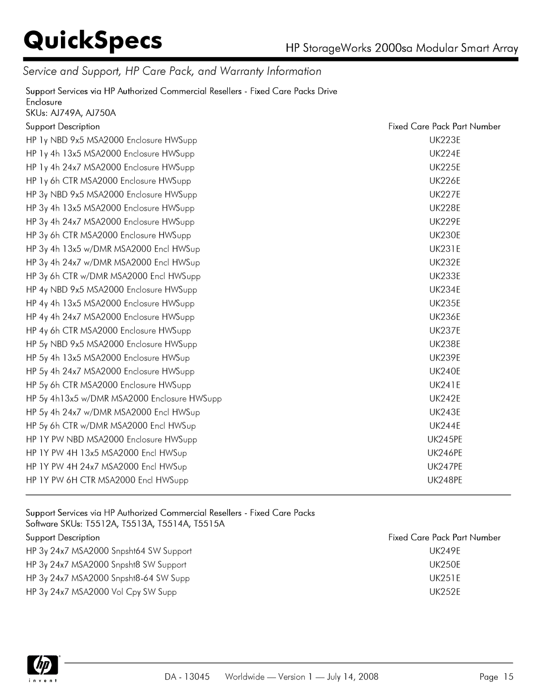 HP 2000sa manual HP 1y NBD 9x5 MSA2000 Enclosure HWSupp 