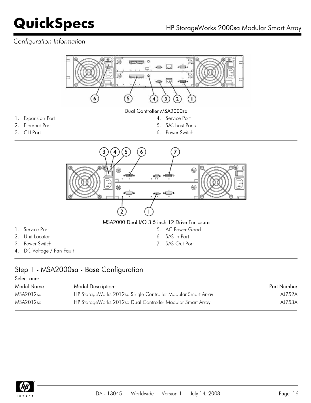 HP manual MSA2000sa Base Configuration, Configuration Information, Dual Controller MSA2000sa 