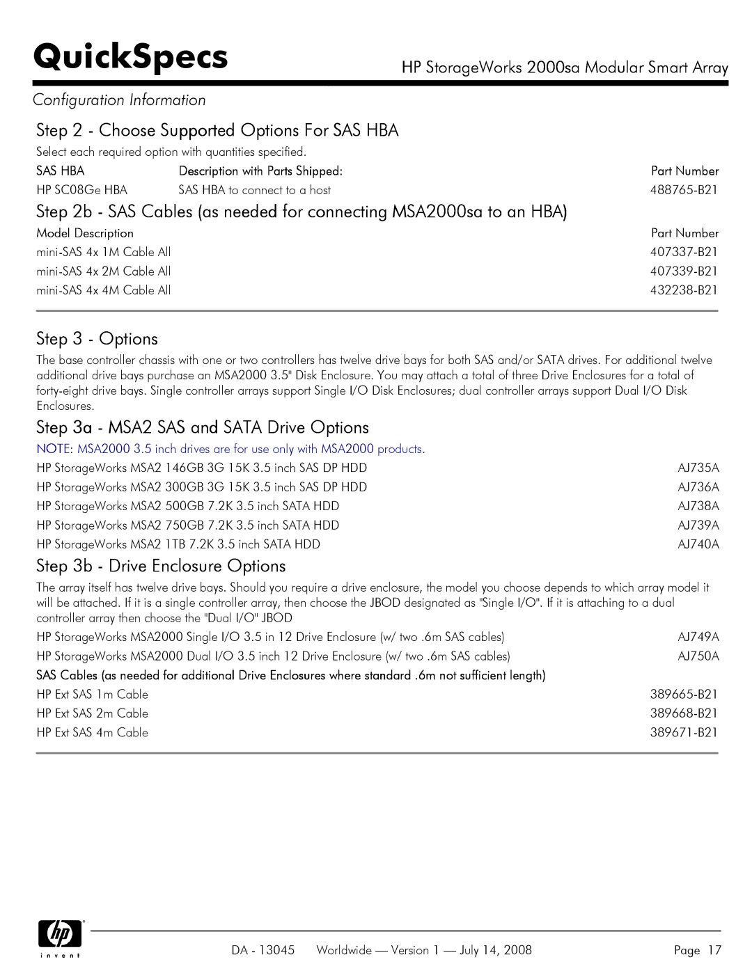 HP 2000sa manual Choose Supported Options For SAS HBA, MSA2 SAS and Sata Drive Options, Drive Enclosure Options, Sas Hba 