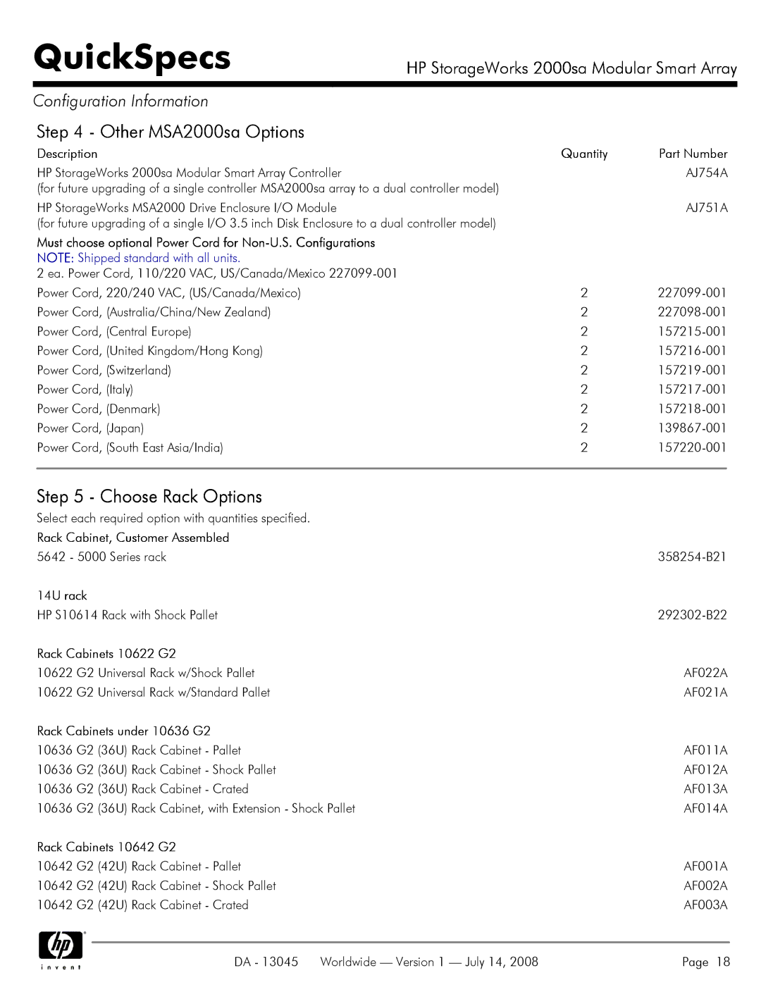 HP manual Other MSA2000sa Options, Choose Rack Options 