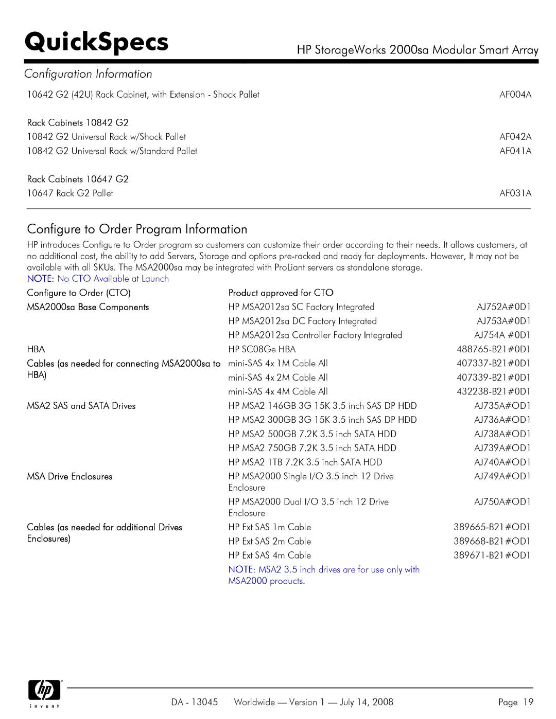 HP 2000sa manual Configure to Order Program Information, Hba 