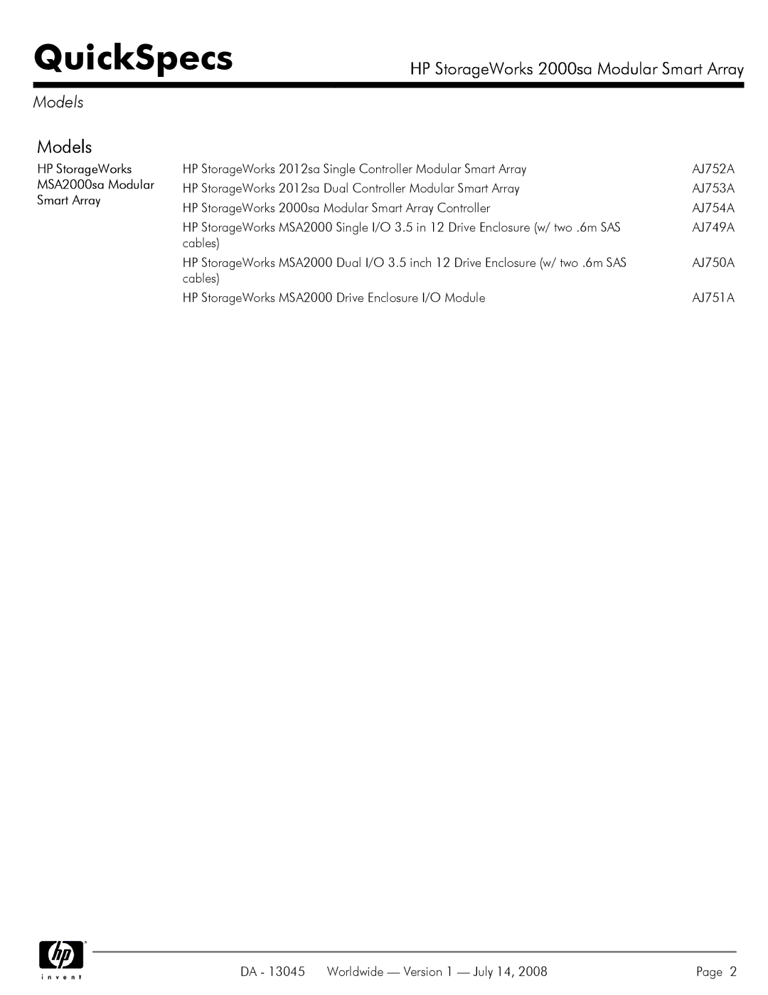 HP manual Models, HP StorageWorks MSA2000sa Modular Smart Array 