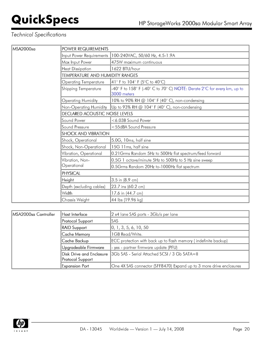 HP 2000sa manual Technical Specifications, Temperature and Humidity Ranges, Declared Acoustic Noise Levels, Physical 