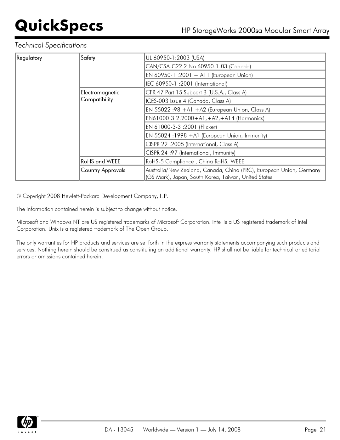 HP 2000sa manual Regulatory Safety, Electromagnetic, Compatibility, RoHS and Weee, Country Approvals 