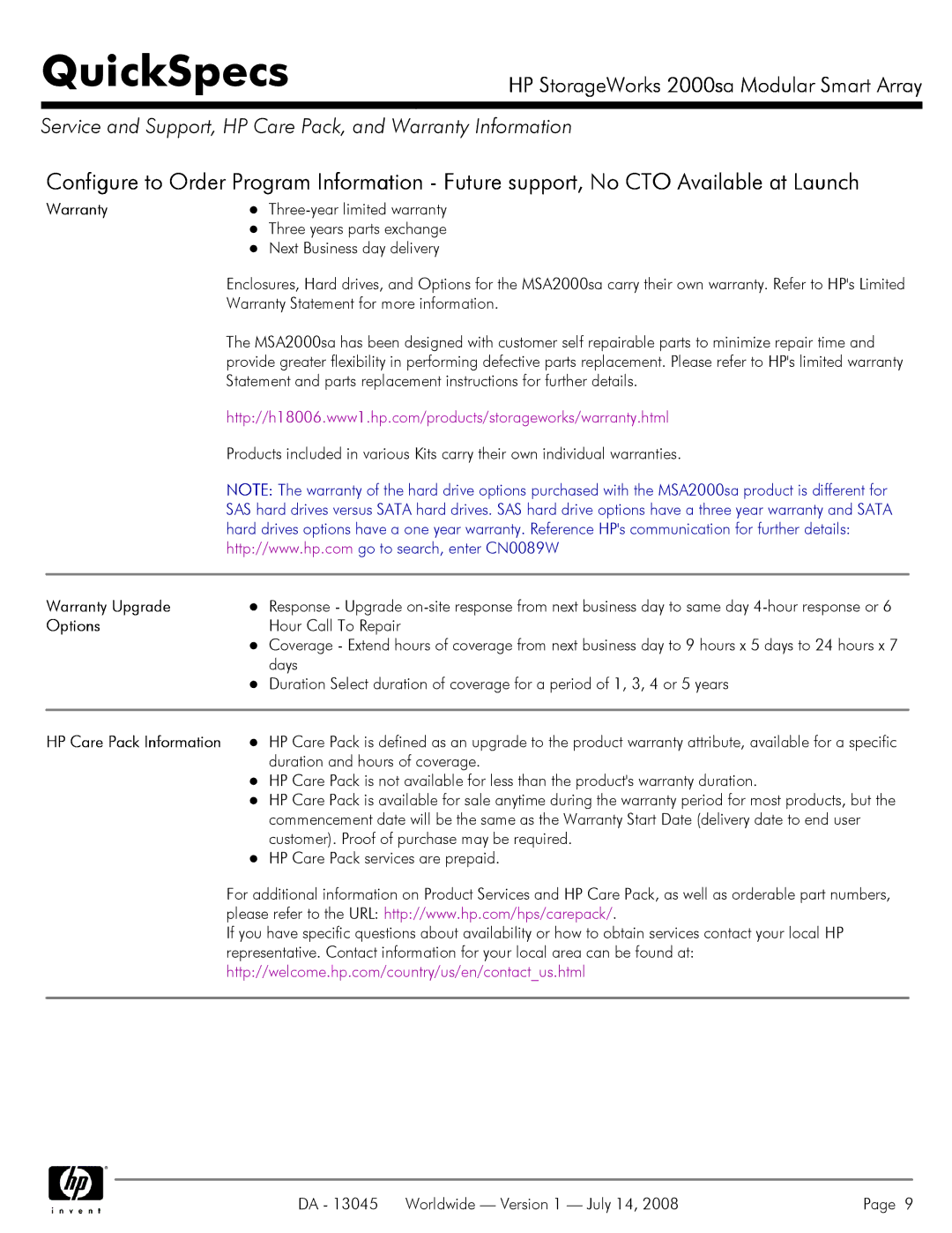 HP 2000sa Service and Support, HP Care Pack, and Warranty Information, Warranty Upgrade, Options, HP Care Pack Information 