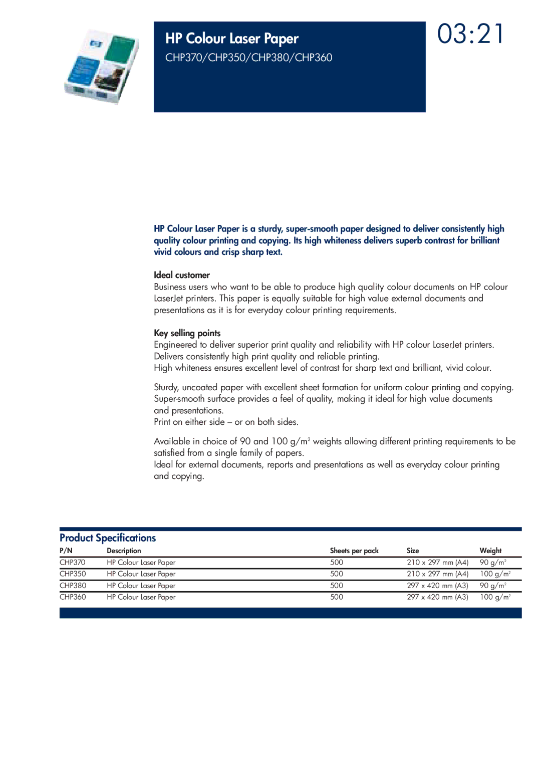 HP 200T manual 0321, HP Colour Laser Paper, CHP370/CHP350/CHP380/CHP360 