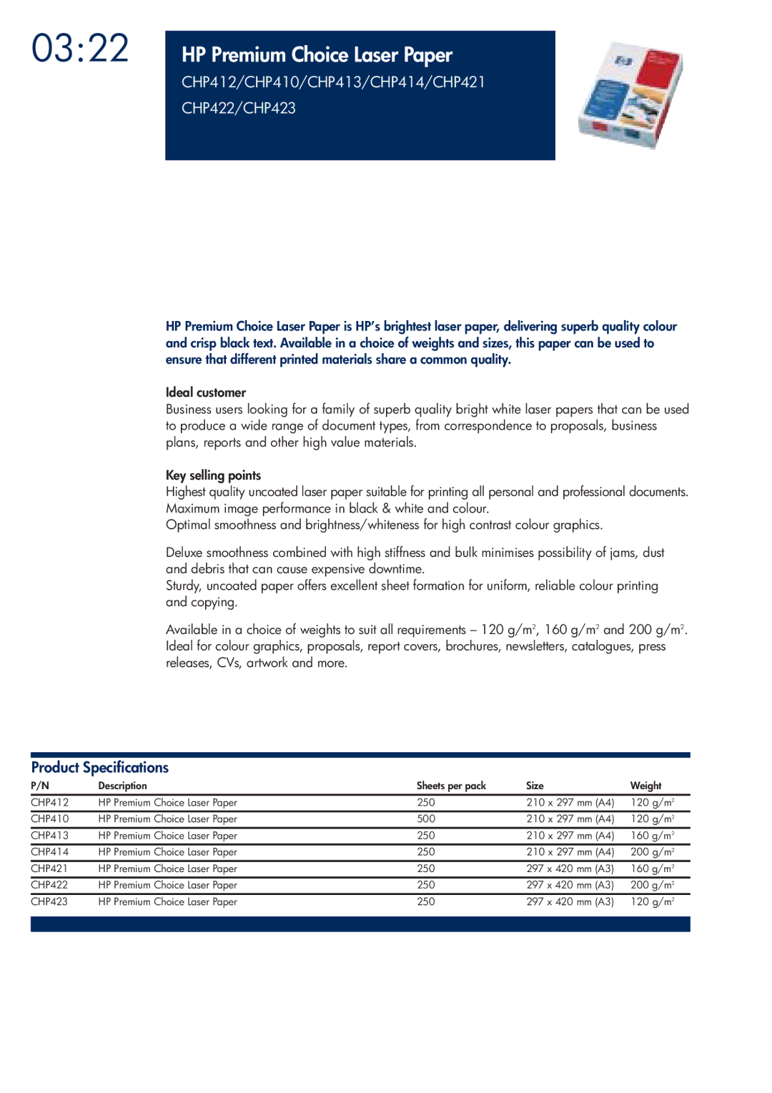 HP 200T manual HP Premium Choice Laser Paper, CHP412/CHP410/CHP413/CHP414/CHP421 CHP422/CHP423 