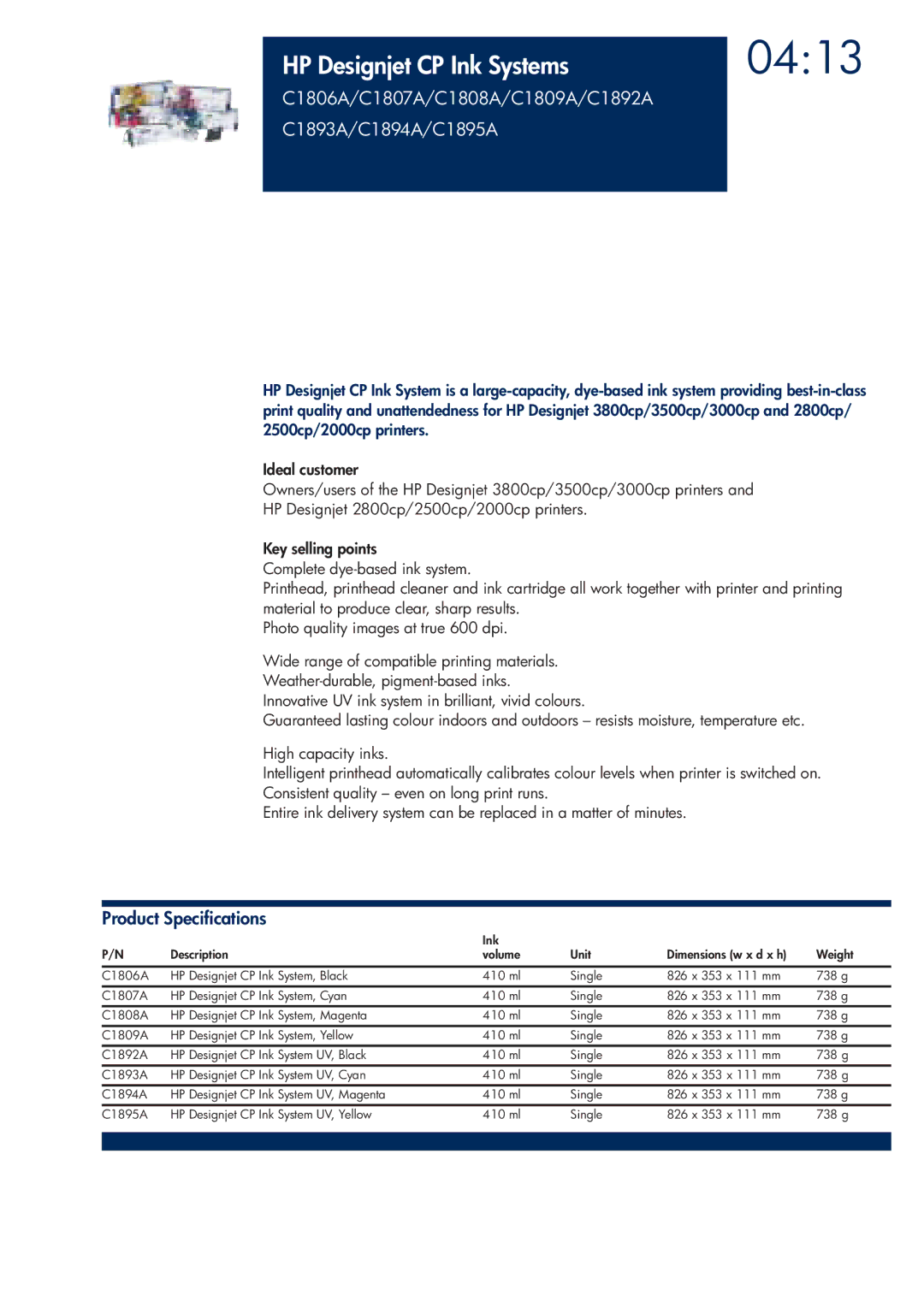 HP 200T manual 0413, HP Designjet CP Ink Systems, C1806A/C1807A/C1808A/C1809A/C1892A C1893A/C1894A/C1895A 