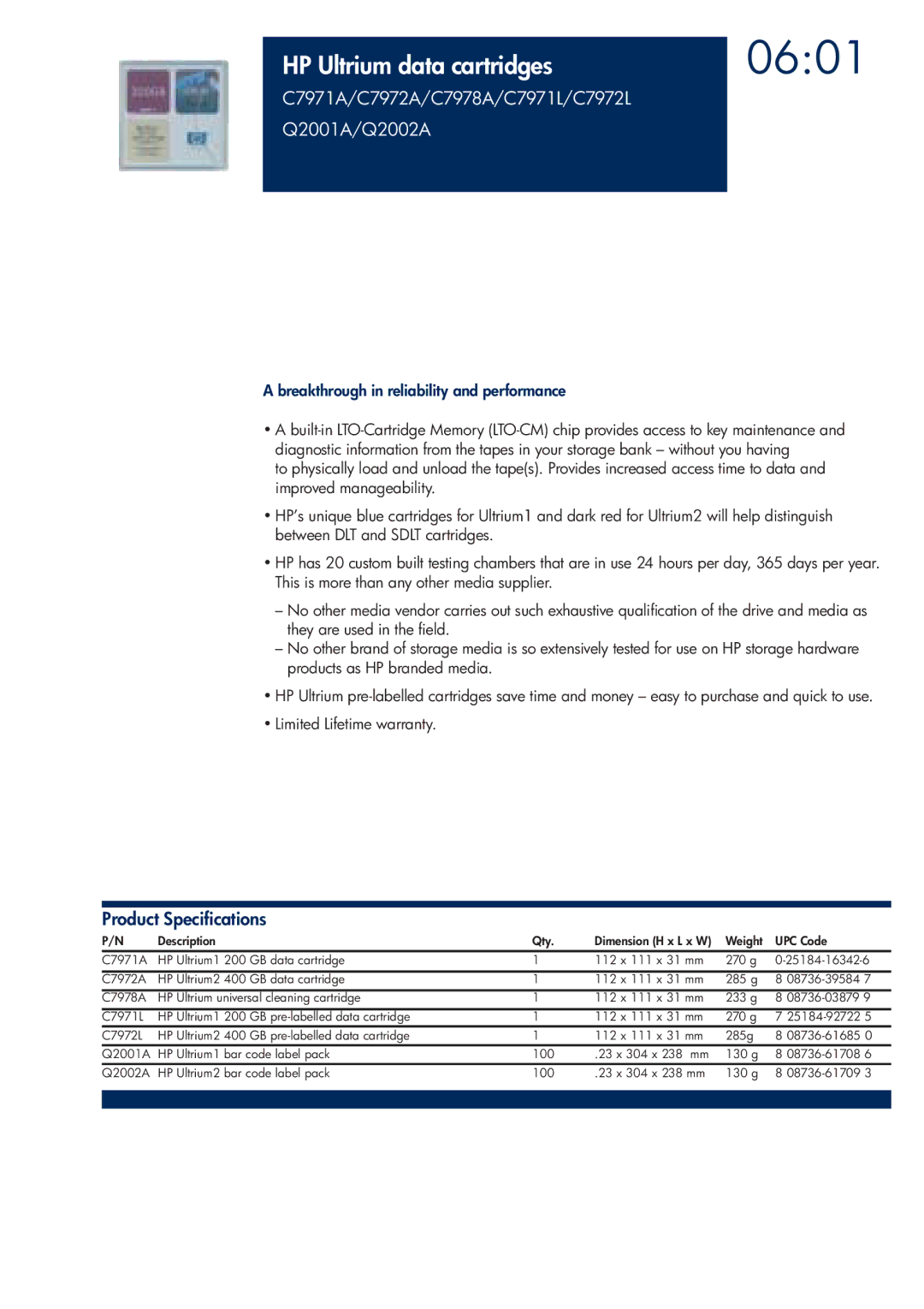 HP 200T manual 0601, HP Ultrium data cartridges, C7971A/C7972A/C7978A/C7971L/C7972L Q2001A/Q2002A 