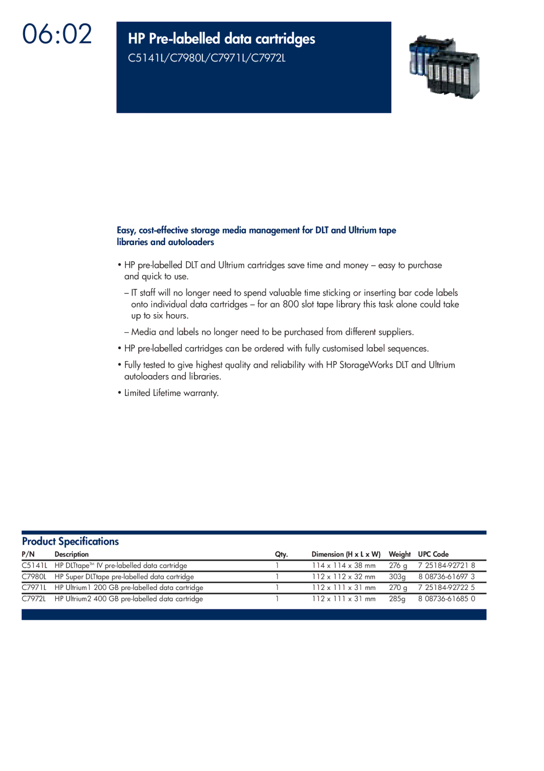 HP 200T manual HP Pre-labelled data cartridges, C5141L/C7980L/C7971L/C7972L 